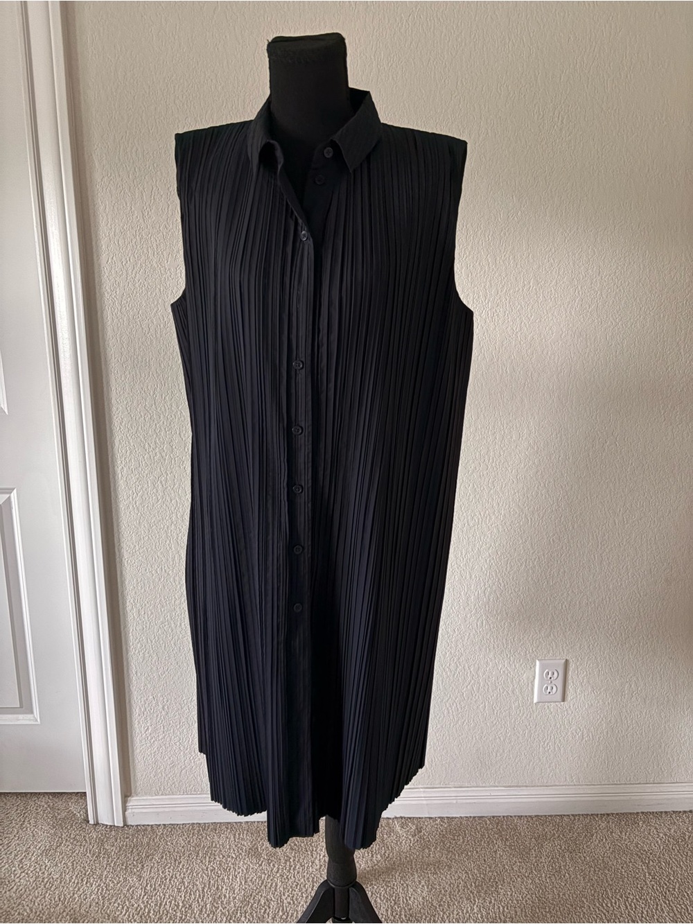 COS Sleeveless Navy Plisse Pleated Midi Shirt Dress Sz 10